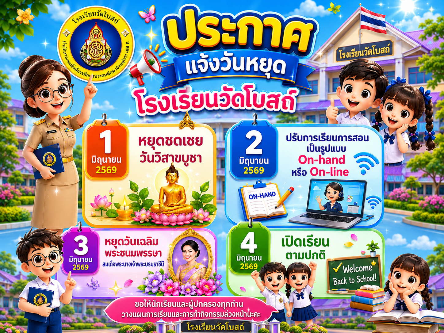 ประกาศแจ้งวันหยุดเรียน โรงเรียนวัดโบสถ์